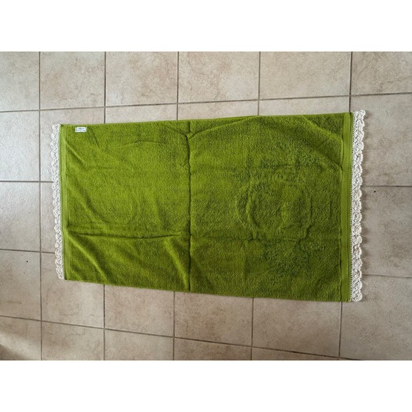 VTG Sears Green Terry Embroidered Lace Bath Towel Wash Cloth Set Flower Basket - Picture 7 of 10